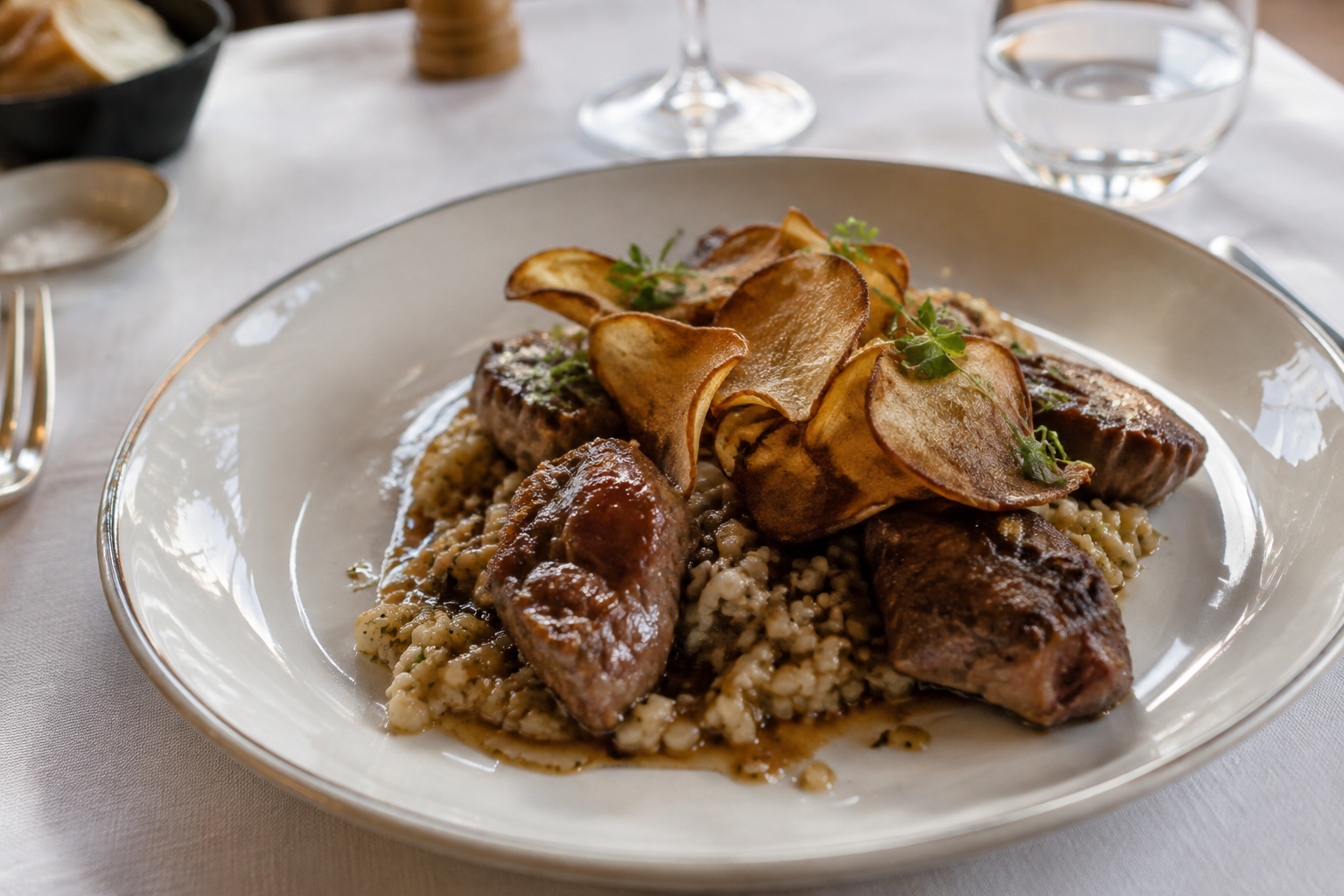 Araignée de veau caramélisée, topinambours soufflés, risotto d’épeautre
